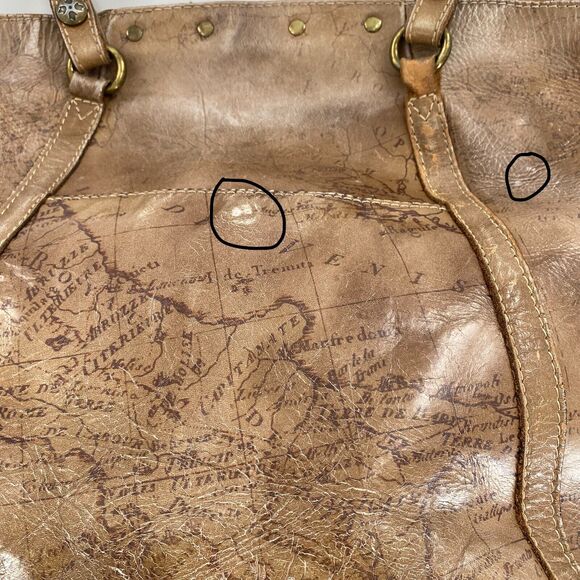 Patricia Nash Benvenuto Tote Signature Map Brown Leather Antique Brass Hardware - Picture 9 of 14